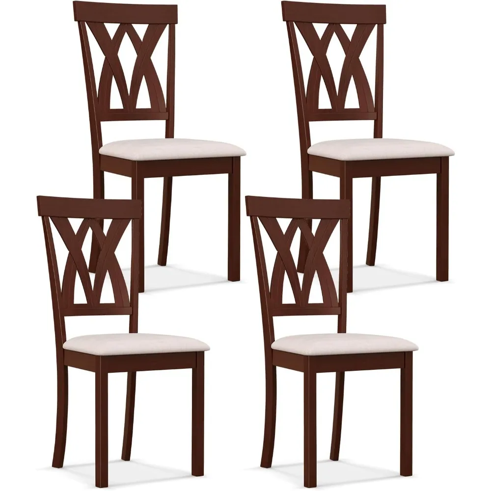 Wood Dining Chairs Set of 4, Upholstered Kitchen Side Chairs with Padded Seat, Rubber Wood Frame, Elegant Hollowed Backrest