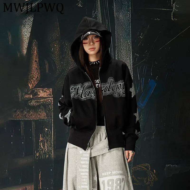 

Новая укороченная толстовка MWJLPWQ в стиле Y2K со стразами, с длинными рукавами, приталенная, на молнии, с капюшоном, повседневная, для женщин, весна 14267