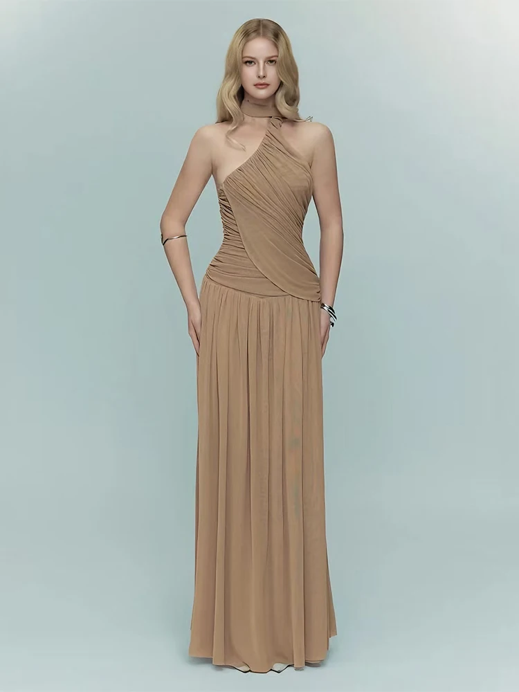 Sisterlinda Rückenfreies Maxikleid mit Schal-Kragen für Damen, Falten-Patchwork, ärmellos, einfarbig, elegant, für Geburtstagsfeiern, schick, Urlaub, Vestidos
