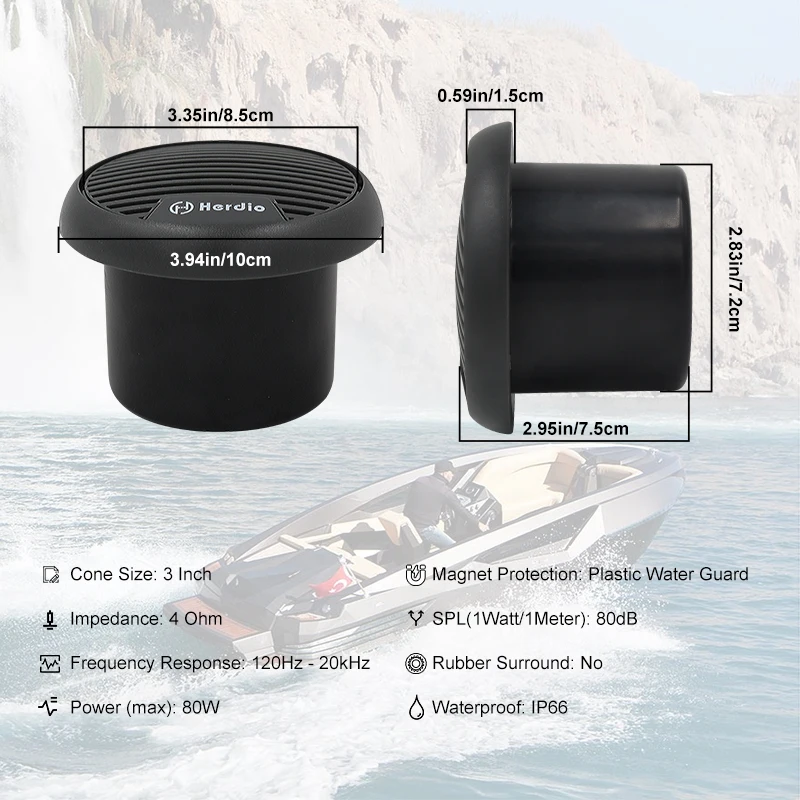 Herdio 3'' wasserdichte Marine-Lautsprecher, 2-Wege-Vollbereichs-Audio-Stereosystem, Motorrad-Lautsprecher mit MAX-Leistung, 140 W, für Boot, Auto – Detail 7