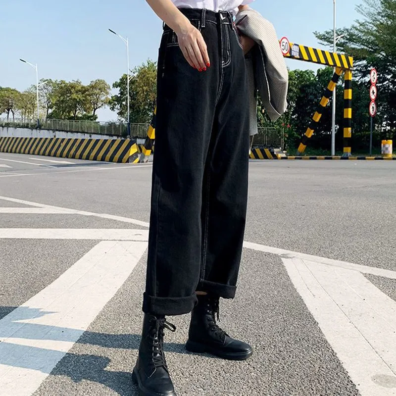 Casual Women Autumn All-match Wide Leg Trousers Girls Line Decoration Washed Jeans Lady Black Korean Style Straight Leg Pants