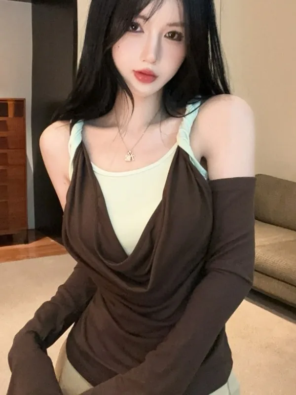 

Уникальная женская футболка с эффектом двухслойности и цветовыми блоками, облегающая, с открытыми плечами, базовая, для создания образа в стиле «Spicy Girl»