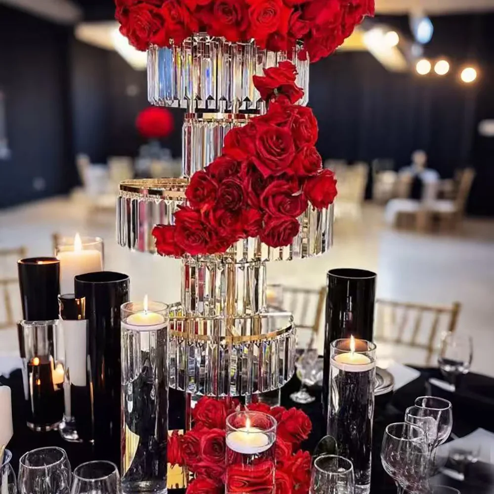 Five-layer crystal flower stand cross-border hot-selling light luxury wedding main table ornament electroplated gold flower stan