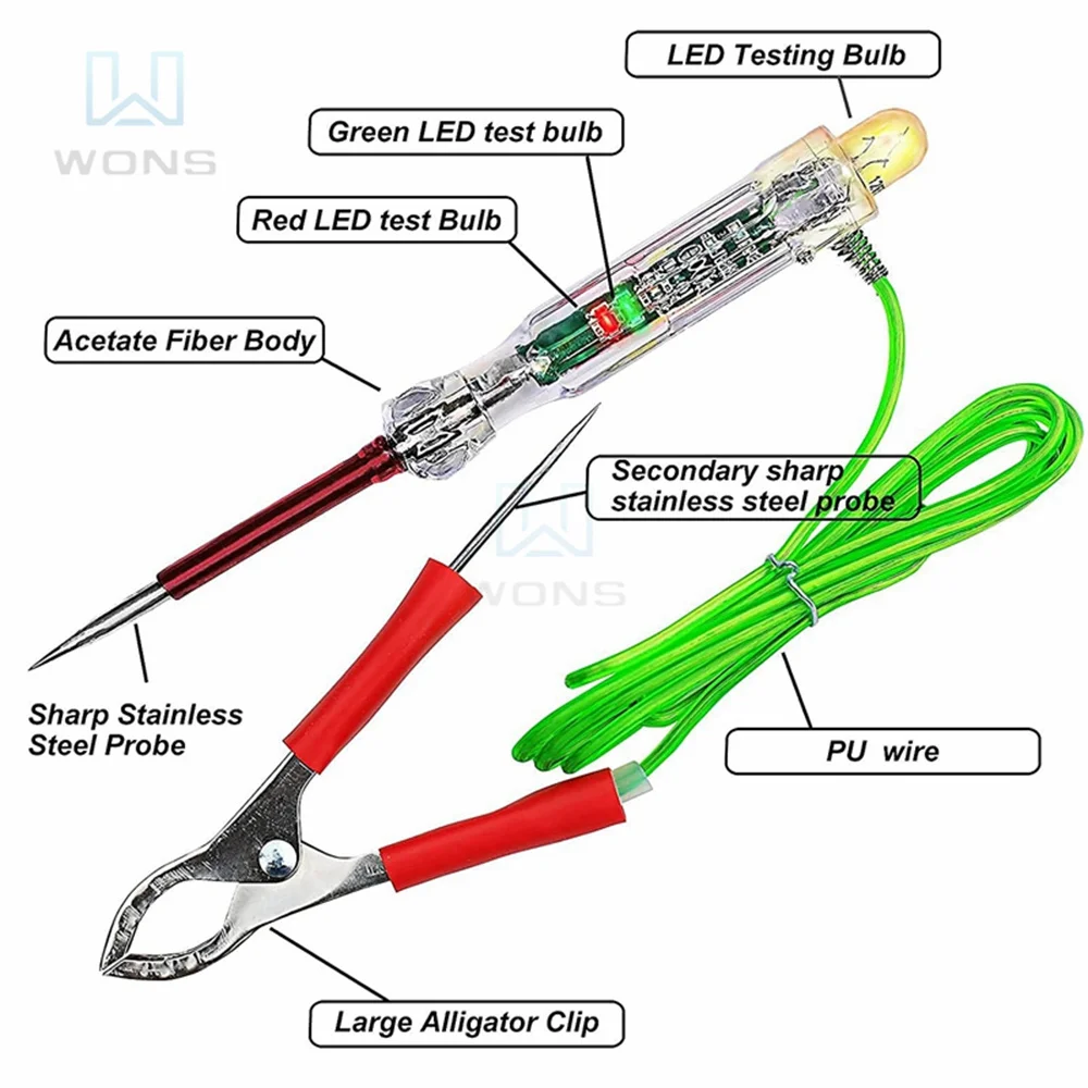 Multi Function LED Automotive Circuit Tester 6-24V Test Light with Dual Probes Antifreeze Wire Alligator Clip for Testing