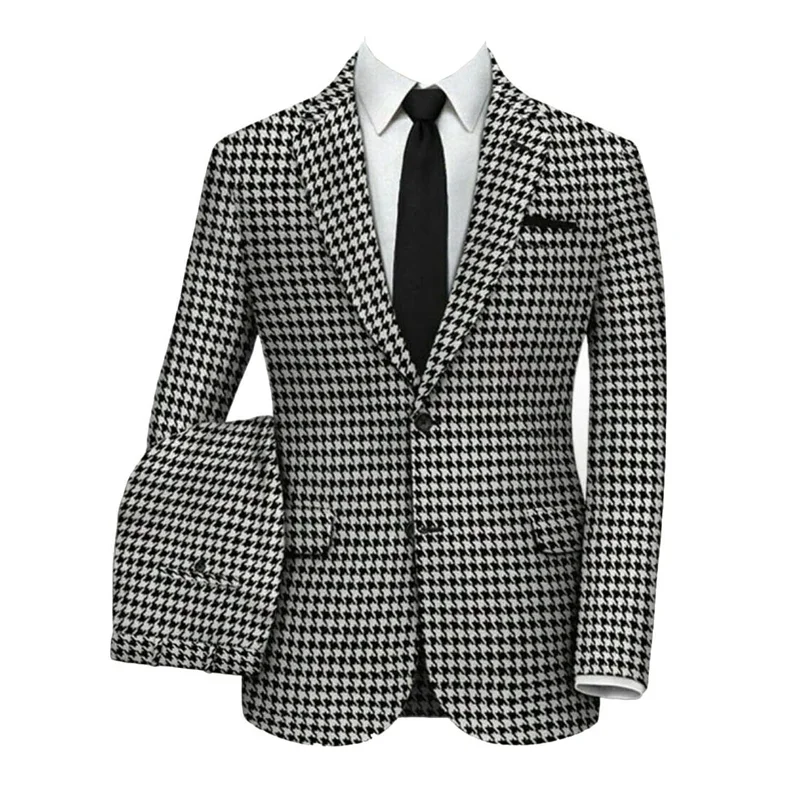 Houndstooth Men 2 Piece Wedding Suit Groom Tuxedo Slim Fit Two Button Business Suits Plaid Wedding Suit Costume Homme For Party