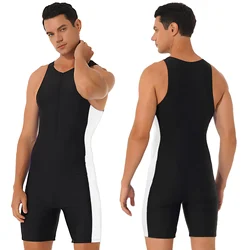 Mens Swimwear One-piece Wetsuit Swimming Bathing Suit Round Neck Sleeveless Side Shorts Bodysuit Triathlon Front Zipper Swimsuit