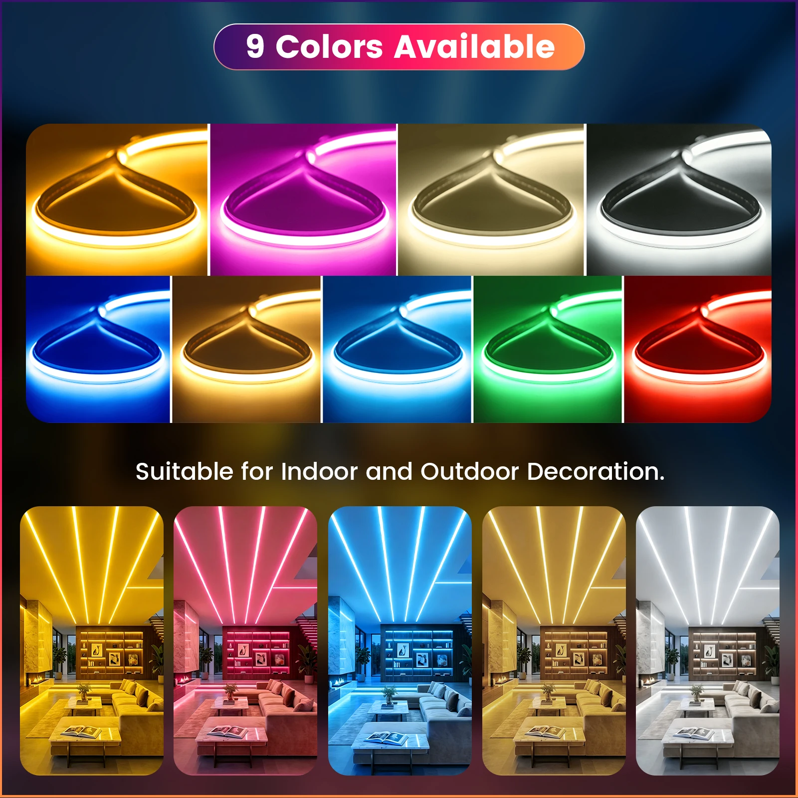 High Brightness COB LED Strip 220V Waterproof 240LEDs/m COB Neon Strip 10cm Cuttable Adhesive Tape for Room Decor 9 Colors