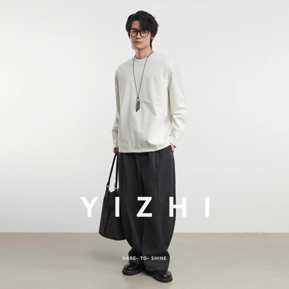 Fashion Men's Solid Color Round Neck Japanese Long-sleeved T-shirt 2025 Winter New Loose Casual Tops Bottoming Shirt Pullover
