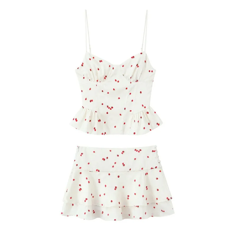 

2026Women Summer Outfits Strawberry Print Spaghetti Strap Camisole Top Layered Ruffle Mini Skirt Set Beach Casual Cute Two Piece