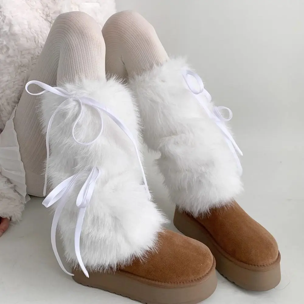 Nowe, puszyste mankiety na buty, zimowe, ciepłe, z kokardką, opaska na buty, grube ocieplacze na nogi, słodki styl Harajuku