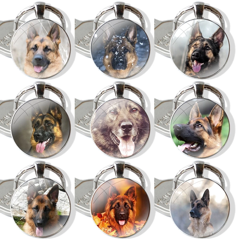 Keychain Handmade Glass Cabochon Key Ring Holder Pendant Key Chains German Shepherd Dog