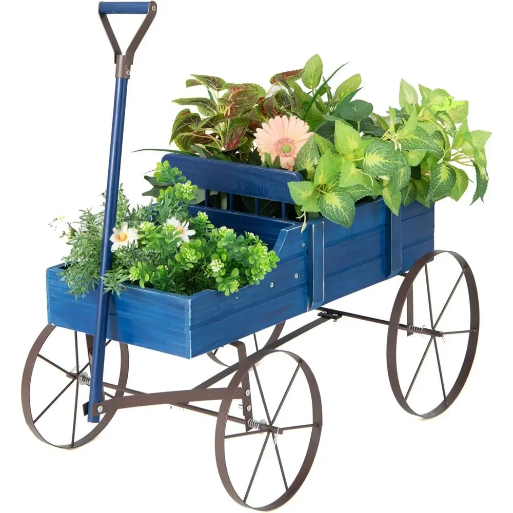 

Outdoor Wooden Planter Cart with Wheels, Blue, for Garden, Patio, and Balcony