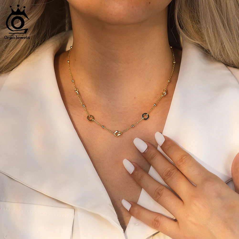 ORSA JEWELS Real 925 Sterling Silver Geometric Irregular Round Necklaces Clavicle Chain Female Cute Jewelry Accessories GAN07