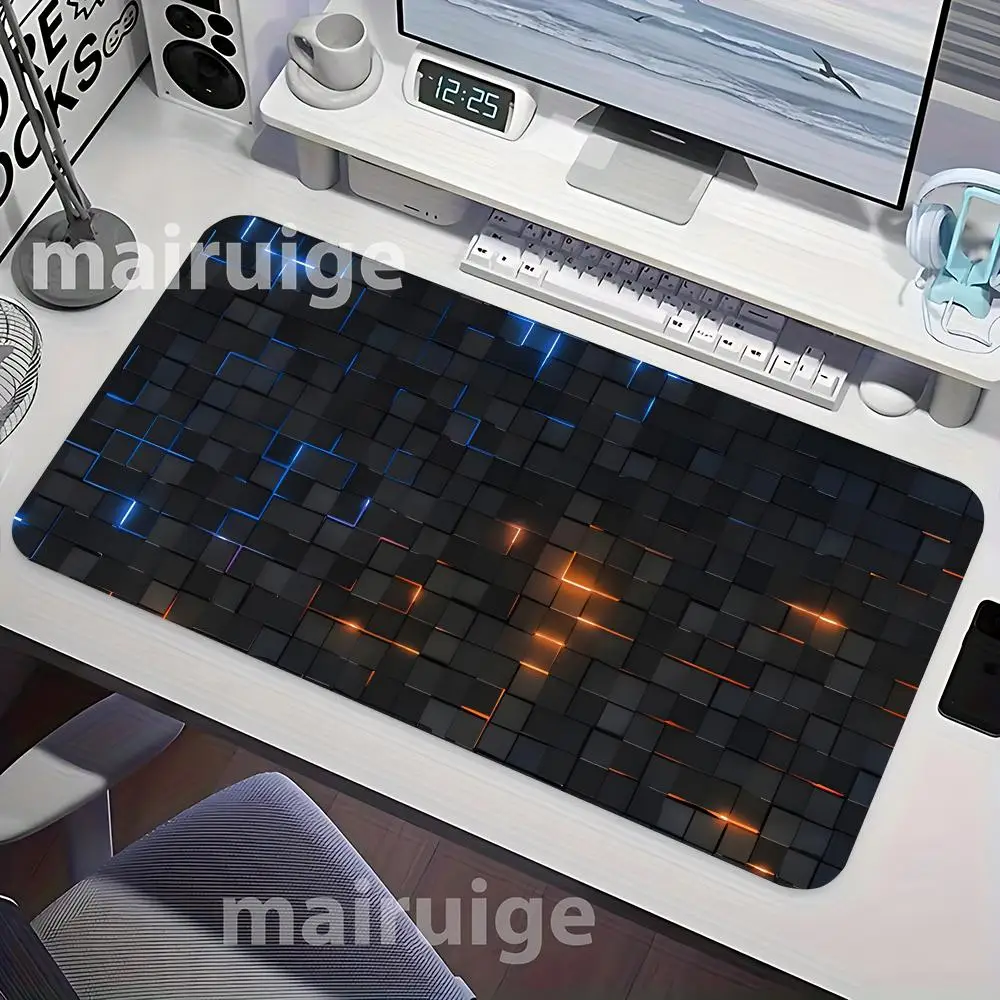 3Dブロックネオンライトマウスパッド 大型コンピューターオフィスゲームテーブルマットXXL ラバー滑り止めステッチキーボードマット ロングデスクパッド