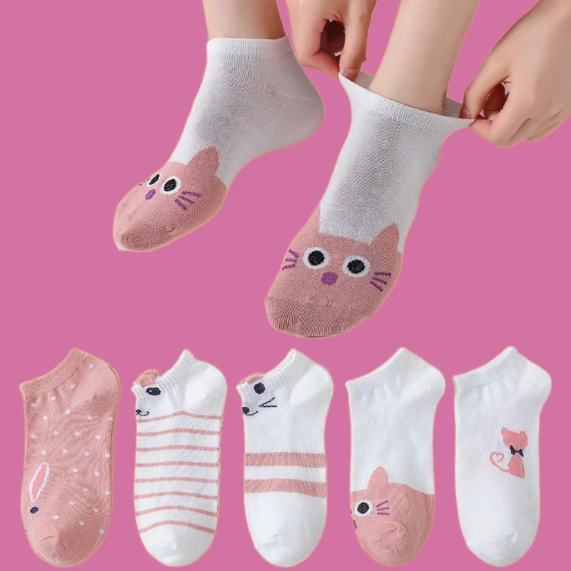 

5/10 Pairs 2024 Women's Short Socks Non Falling Heels Shallow Mouth Invisible Socks Cute Ears Rabbit Women's High Quality Socks