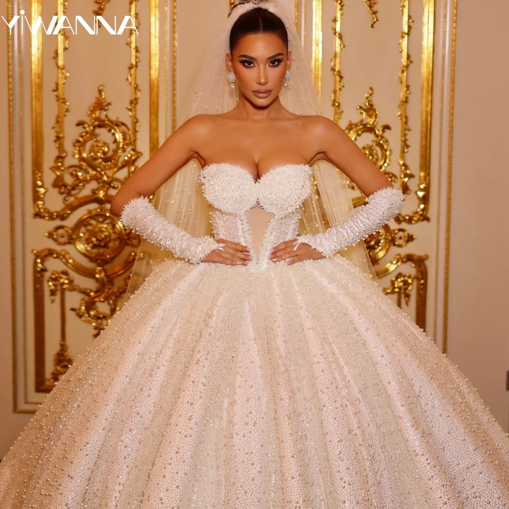 

2025 Romantic Sweetheart Neck Wedding Dress Luxury Ball Gown Long Bride Robe Glitter Sequins Pearls Bridal Gown Robe De Mariée