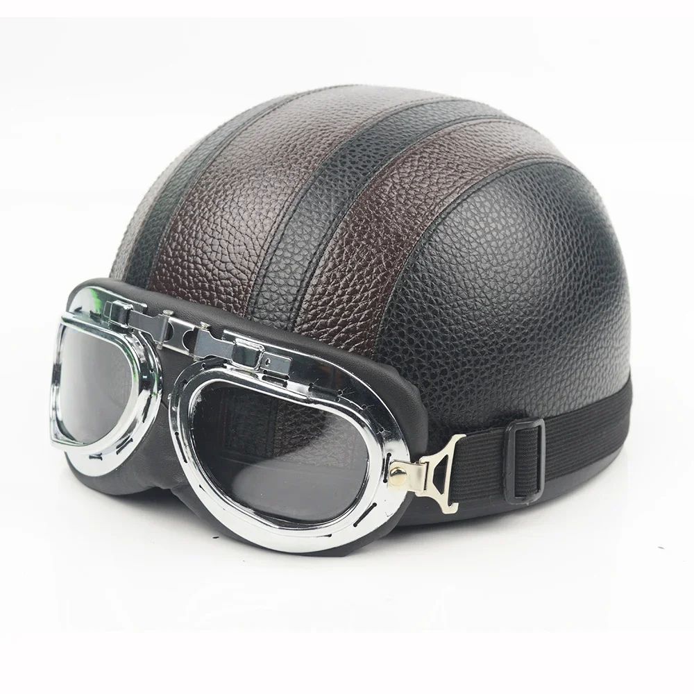 

Мотоциклетный винтажный полушлем, велосипедный полушлем с открытым лицом и очками, универсальный кожаный дизайнерский шлем унисекс