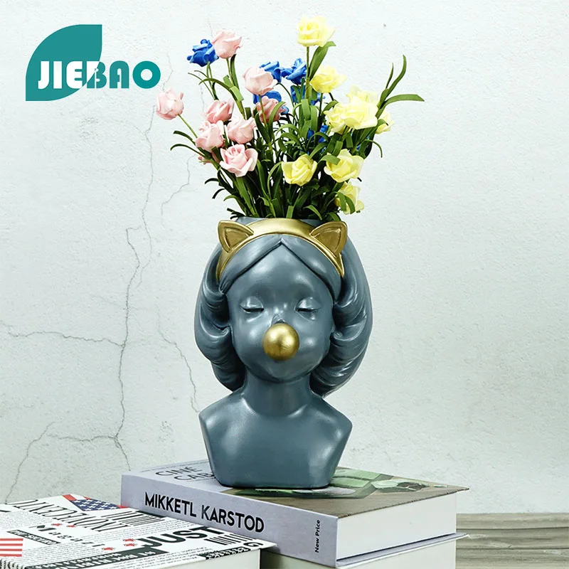 Resin Statue Vase Blowing Bubbles Girl Nordic Abstract Ornaments For Figurines Interior Sculpture Room Home Decor