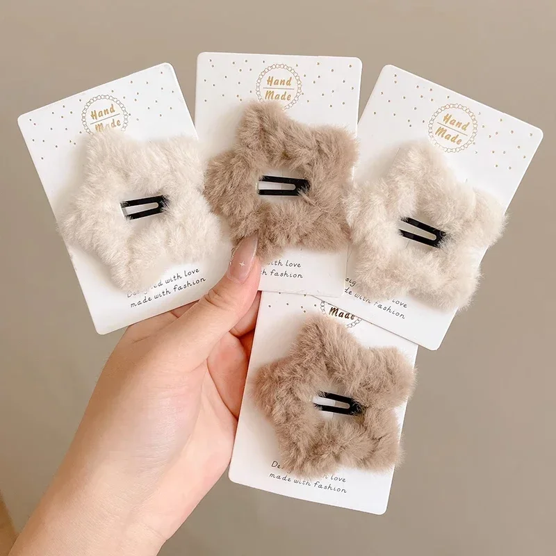 1/6pcs Y2K Girls Sweet Fluffy Star Hairpins Children Kids Faux Fur Bobby Pin Solid Color Pentagram Hair Clip Cute Side Hair Grip