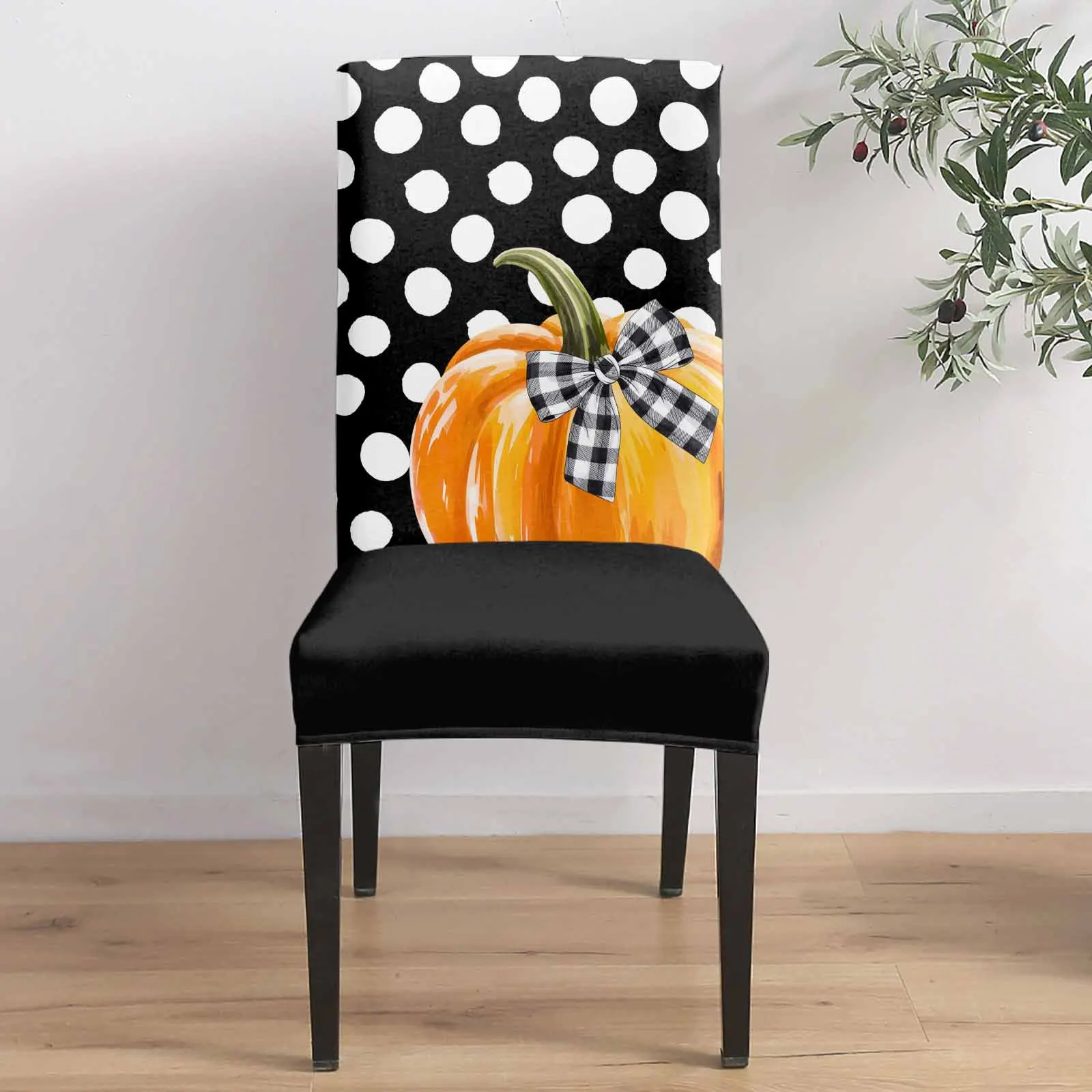

Black Polka Dot Bow Pumpkin 4/6/8PCS Spandex Elastic Chair Case For Wedding Hotel Banquet Dining Room