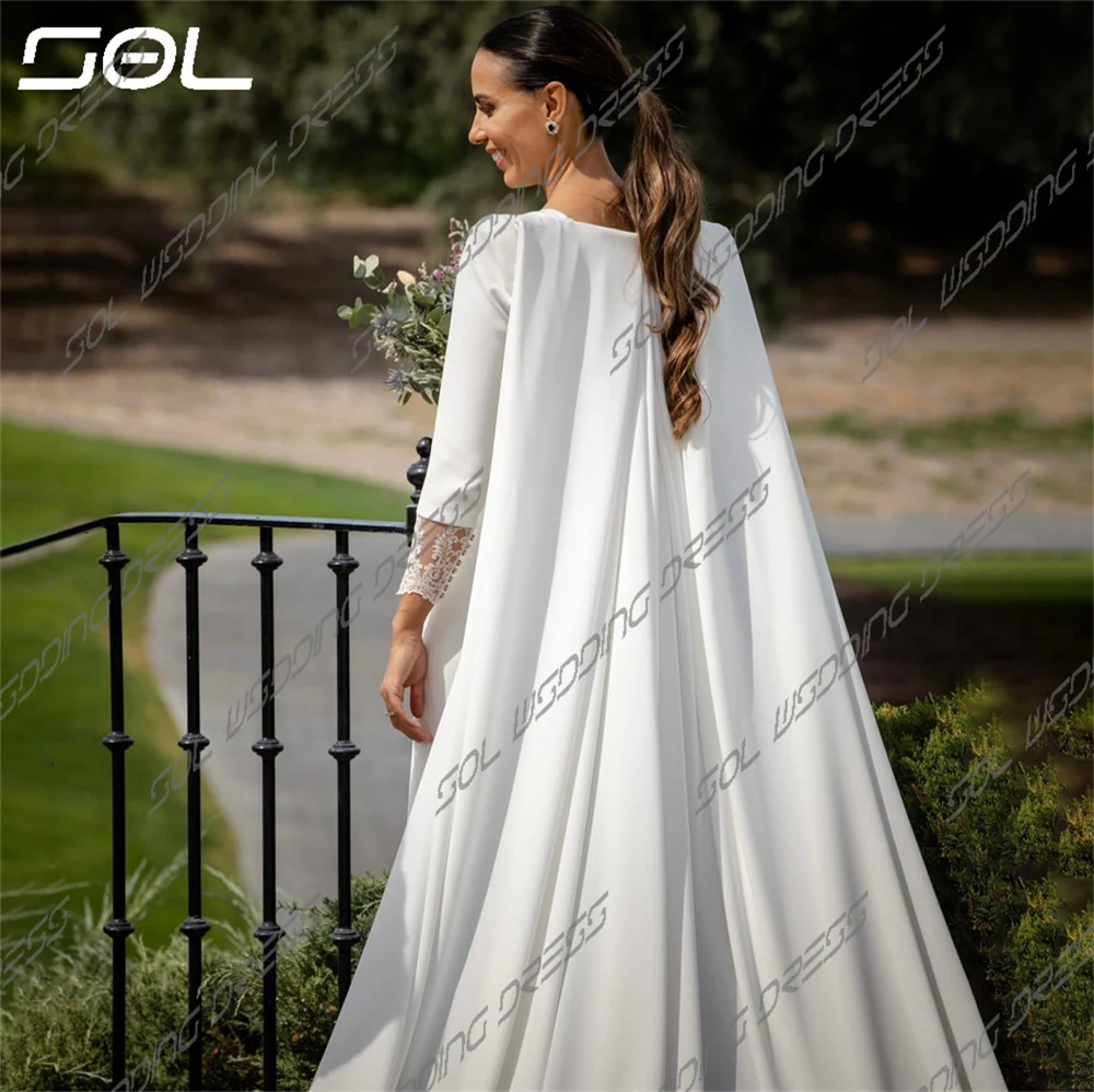 SOL Simple O-Neck Long Sleeves Satin Wedding Dresses With Detachable Train Side Slit Mermaid Bridal Gowns Vestidos De Novia