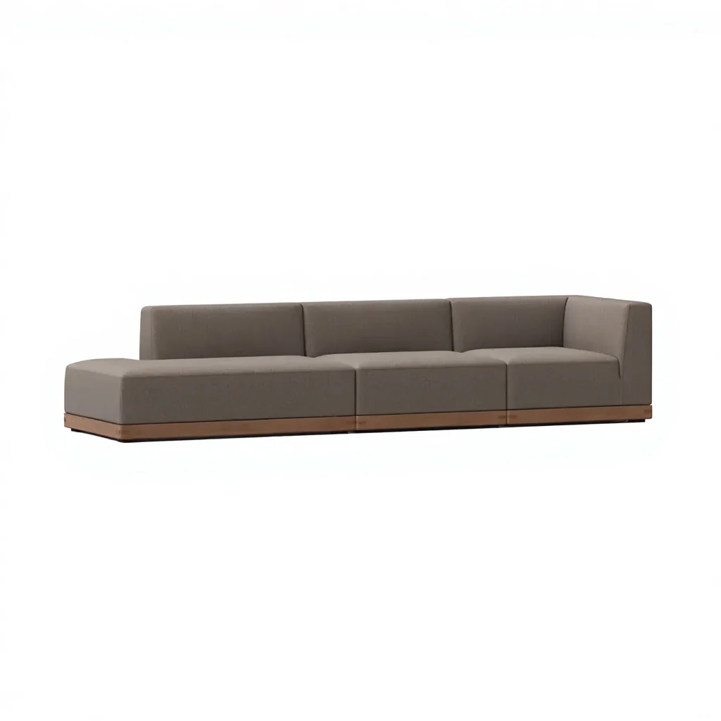 #Elegant Minimalist Sectional, Taupe Fabric with Integrated Wood Base, Perfect for Elevating Neutral Home Decor