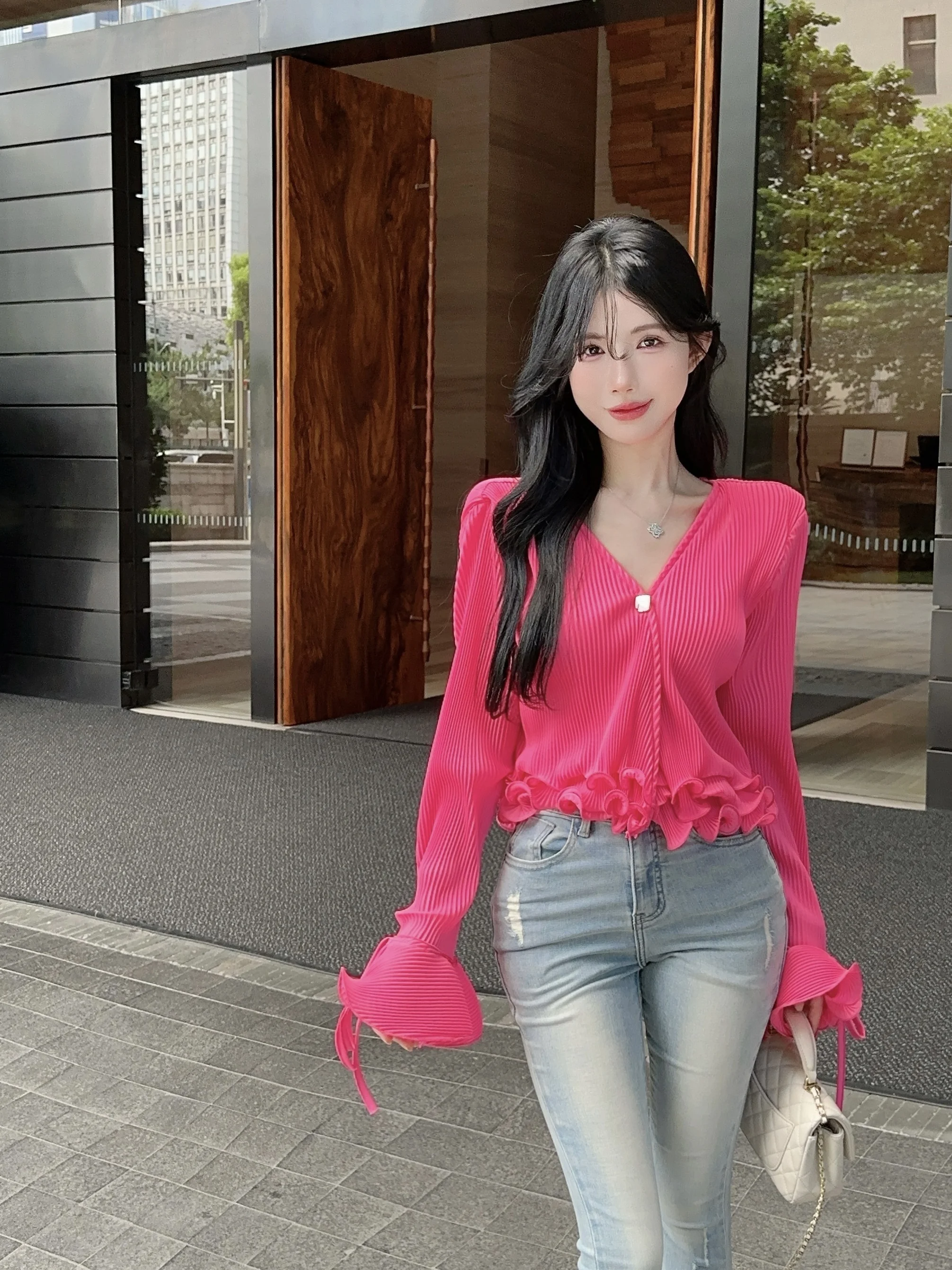 Hohe Taille V-Ne irt mit Spitzenbesatz 3D-Dekoration Damen Faion Frühling Herbst Top Ele Sle Blumendruck