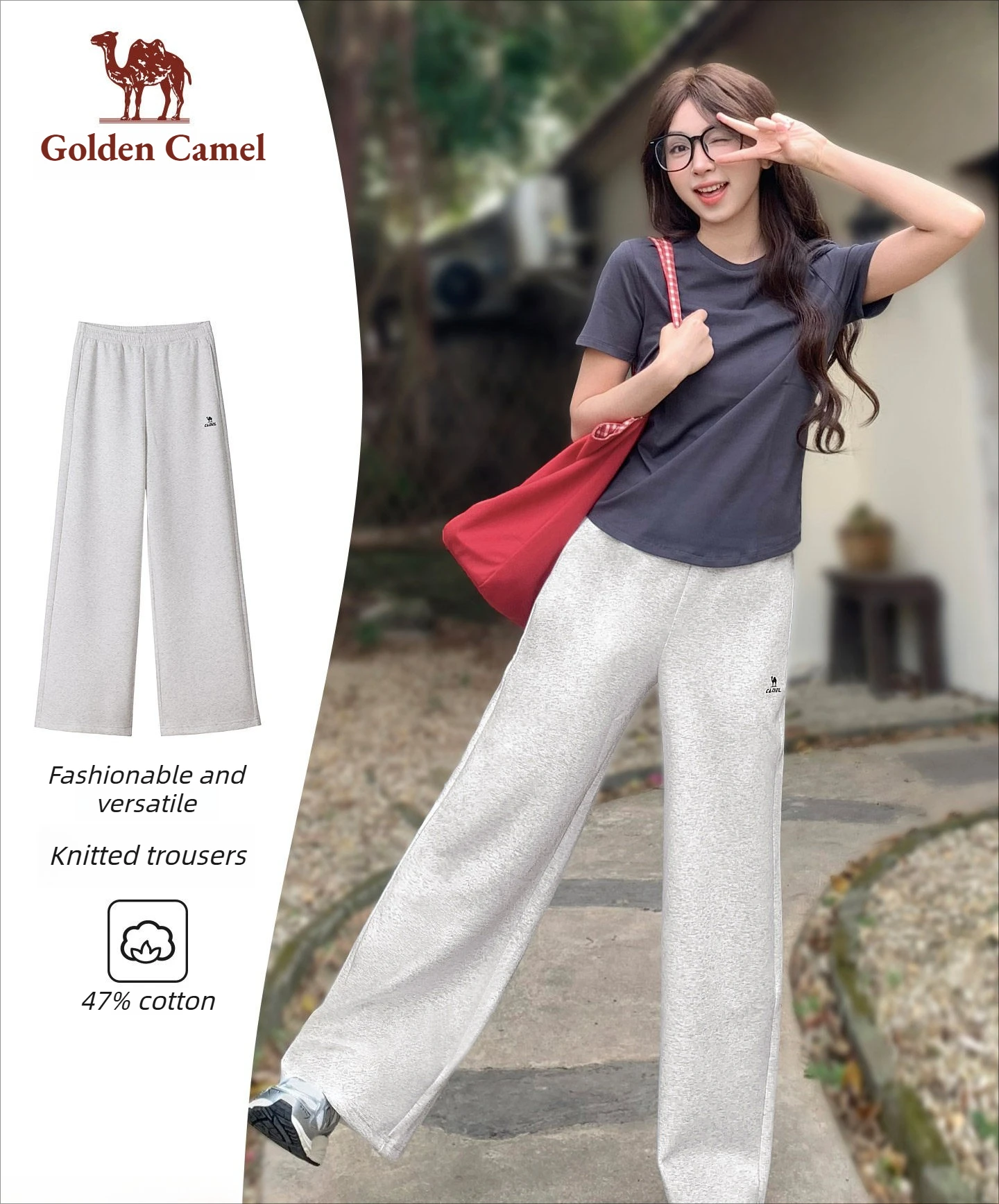 Golden Camel Casual Sports Pants for Women and Men 2026 Spring New Knitted Pants Cotton Feel Straight Tube Loose Wide Leg Pants