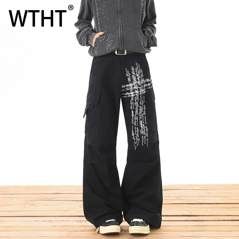 

WTHT Fashion Men's Letter Pring Do Old Design Denim Pants Vintage American Style Loose Wide Leg Jeans Male 2026 Summer 2A2820