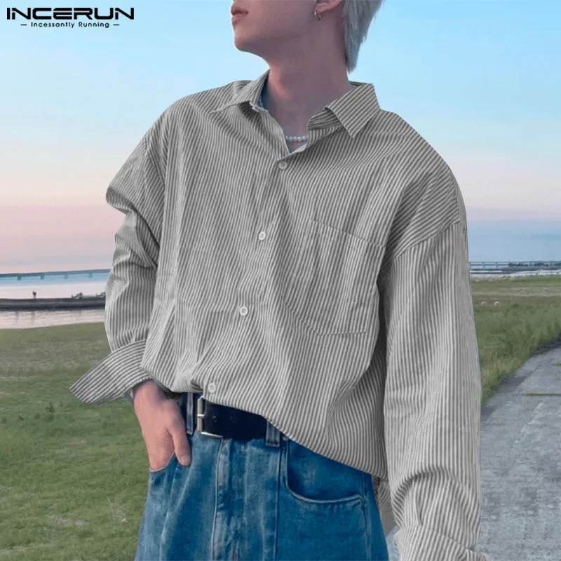 

INCERUN Tops 2025 Korean Style Fashion Men Loose Striped Design Shirts Casual Streetwear Male Hot Sale Long Sleeved Blouse S-5XL