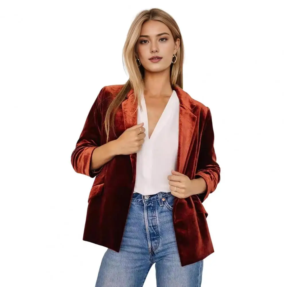 2026 Women's Velvet Blazer Ruched 3/4 Sleeve Lapel Open Front Cardigan Ladies Office Business Coat Short Suit Jacket