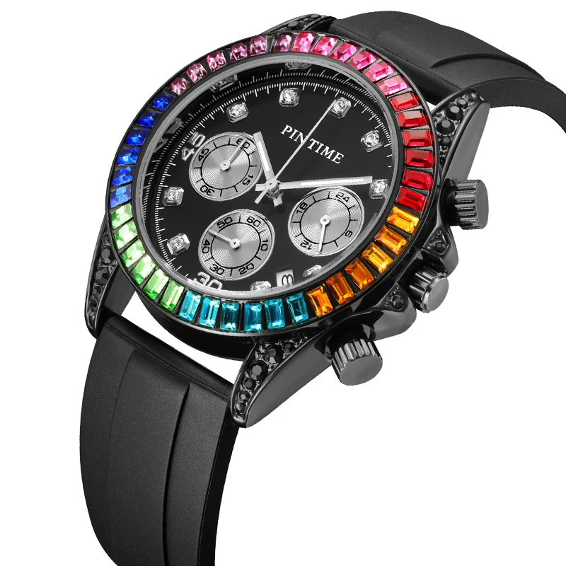 Men\'s Watches Classic Black Silicone Band Chronograph Fashion Quartz Wristwatch Waterproof 30M Colorful Iced Diamonds Case Clock