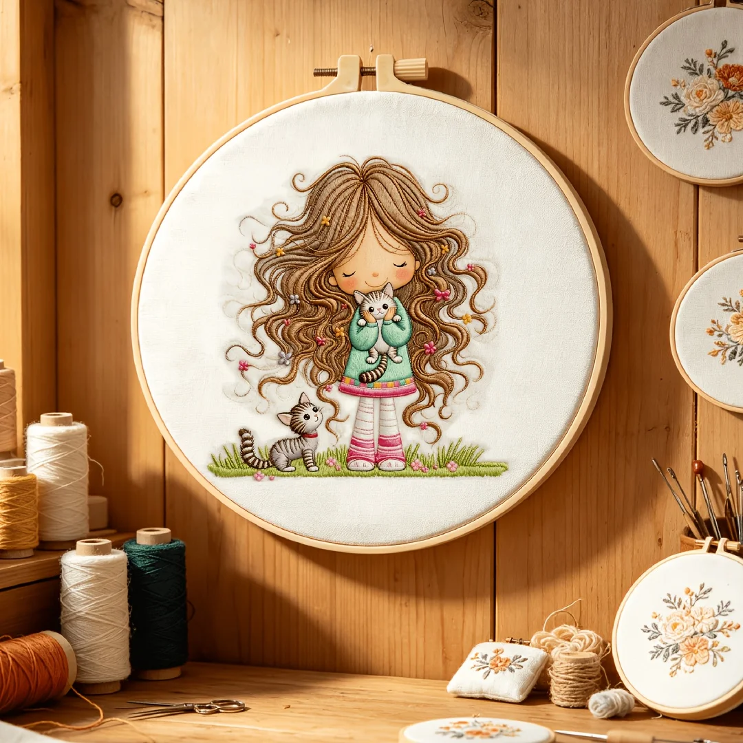 Full DIY Embroidery Starter Kit Printed Pattern Fabric Color Thread Needles Round Hoop Handcraft Needlepoint Set for Adults