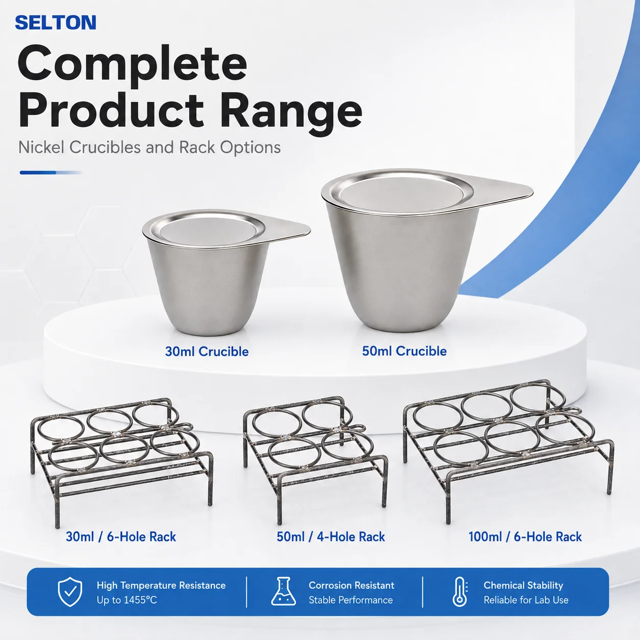 SELTON Nickel Crucible with Cover 30ml 50ml and Crucible Rack 4/6-Hole for Laboratory Sample Heating 30ml 50ml