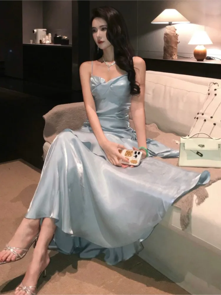 우아한 로맨틱 파티 여성 스파게티 스트랩 드레스 여성 블루 프릴 슬림 피트 인어 드레스 세련된 연회 공식 가운