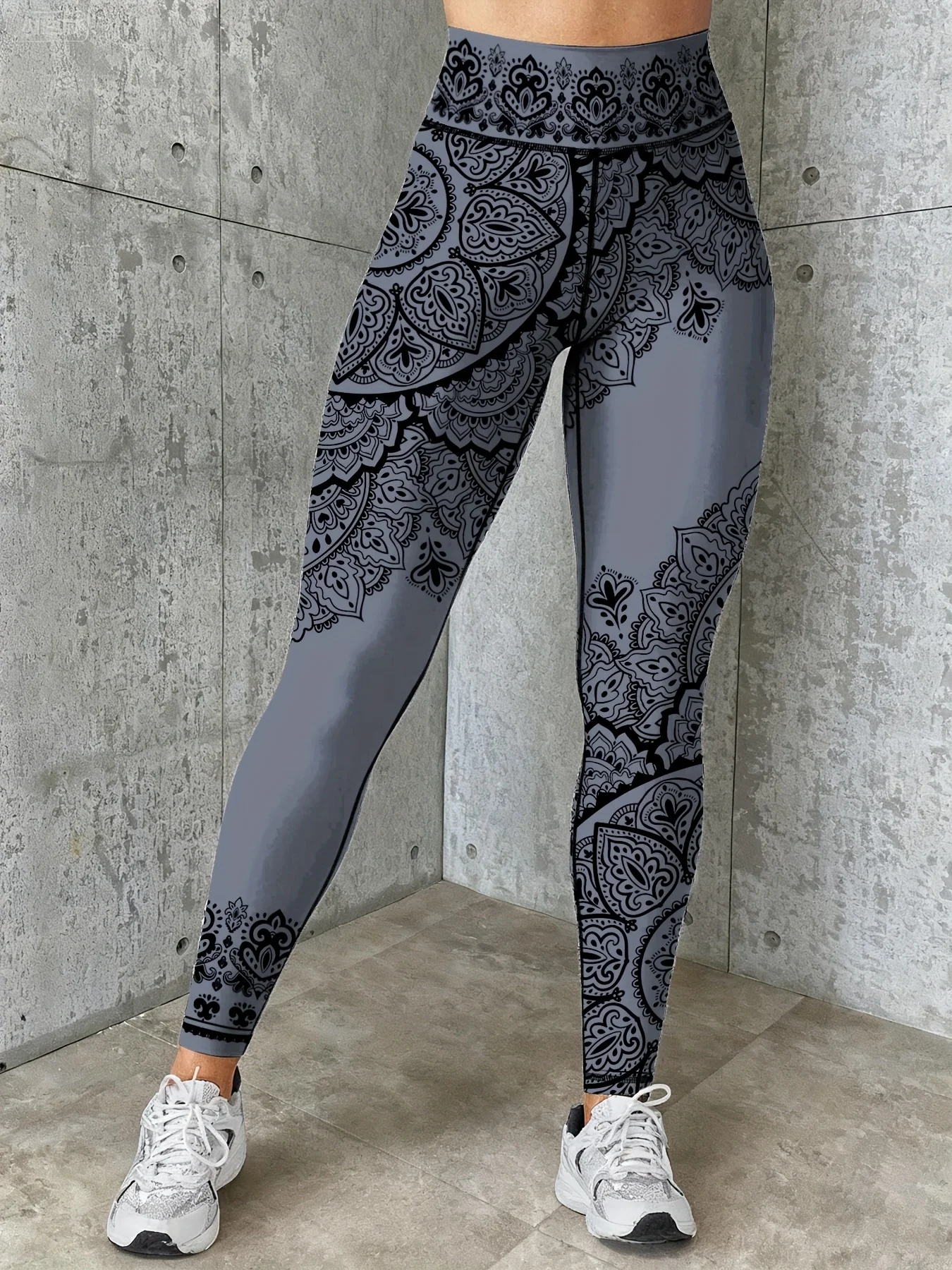 Women Mid‑Rise Fleece Lined Leggings Grey Black Lace Print Splice Warm Elastic Workout Pants