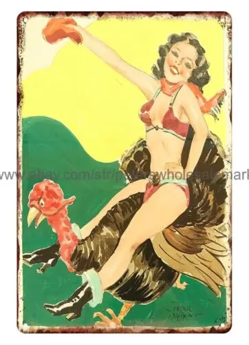 PETER DRIBEN art Girl Riding Turkey metal tin sign room wall home tavern tin sign