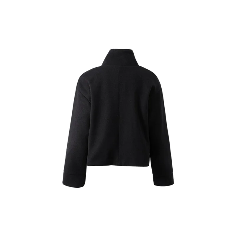 

IALJ-Women Crop Pea Coat Wool Blend Office Work Stand Collar Winter Jacket Trench Coat With Pocket