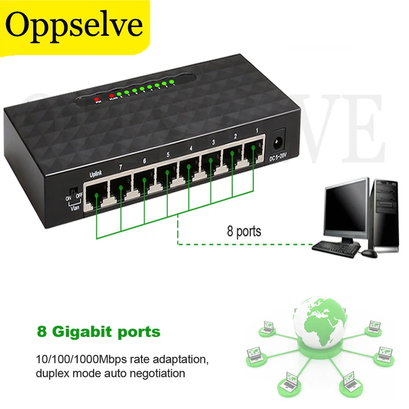 Network Switcher 10/100/1000Mbps 8 Port Gigabit Ethernet Network Desktop RJ45 Hub Internet Splitter AC Prower Adapter EU US Plug