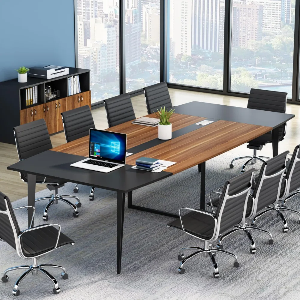 8FT Conference Table, Boat Shaped Meeting Table with Rectangle Grommet, Modern Seminar Boardroom Table for Office