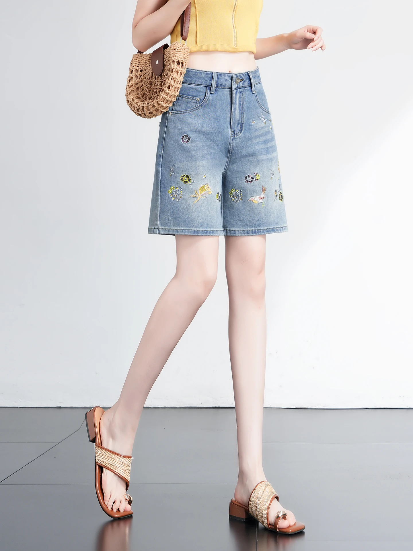 High Waist Loose Fit Short Jeans Women's Summer Thin Embroidered  Slimming Outerwear Wide Leg Five-Quarter Pants