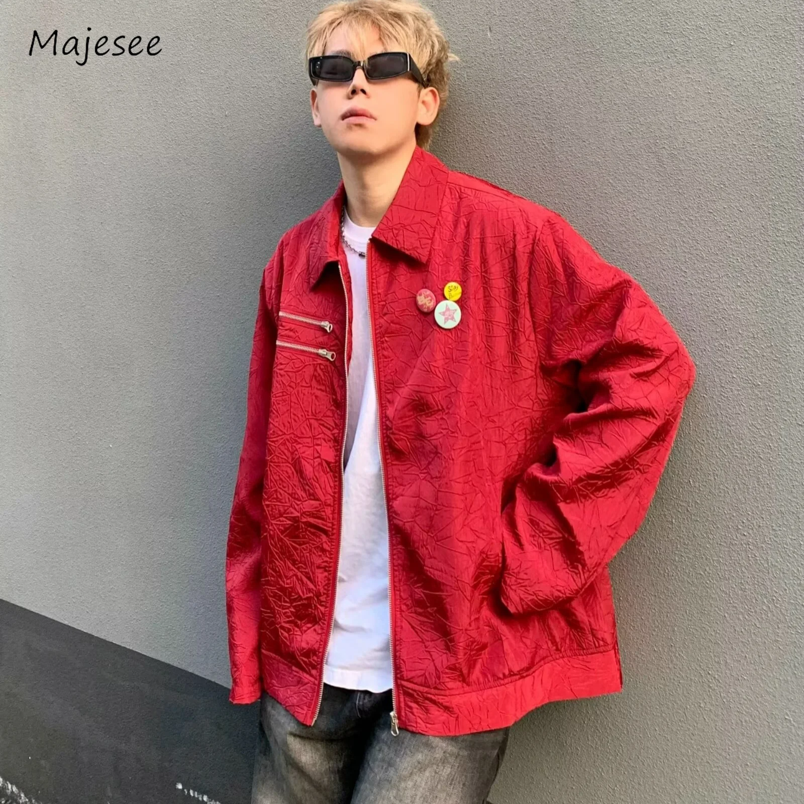 

Men Jacket Fashion American Vintage Brooch Couples All-match Outwear Designed High Street Loose Hipster Streetwear Coats Chic