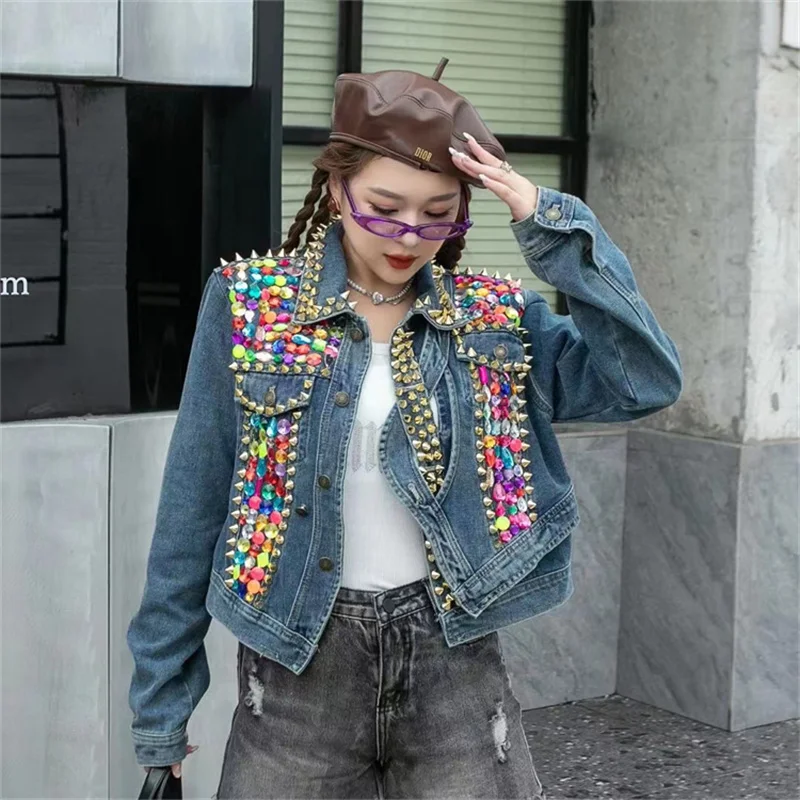 Manual Diamond Fashion Beaded Rivet Jeans Jacket Blue Light Blue Irregular Single-breasted Long Sleeve Slim Short Cowboy Outwear