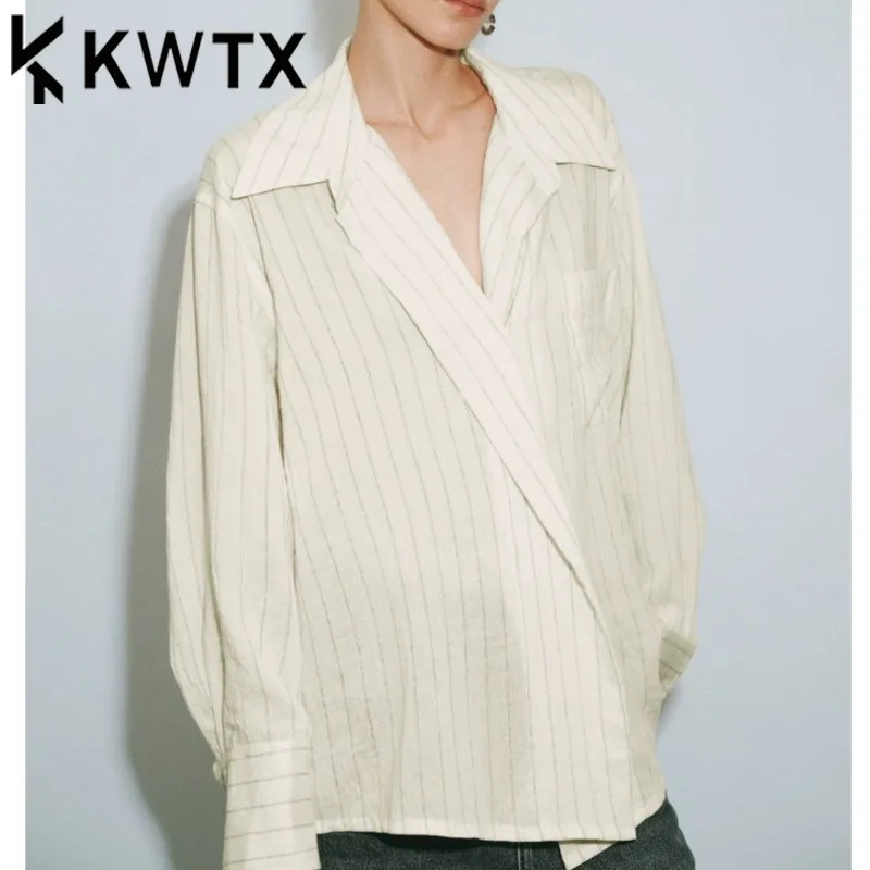 

KWTX Women’s Color Block Striped Lapel Shirt Jacket Vintage High Street Elegant Luxury Spring Summer 2025 Fashion Casual Chic