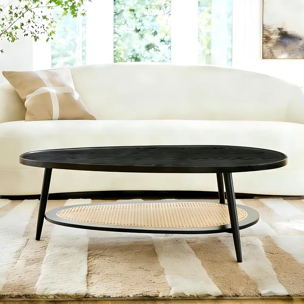 

Oval Wood and Rattan Coffee Table, Mid-Century Modern Coffee Table, Two-Tier Black Walnut Table for Living Room, D47.2''x W2