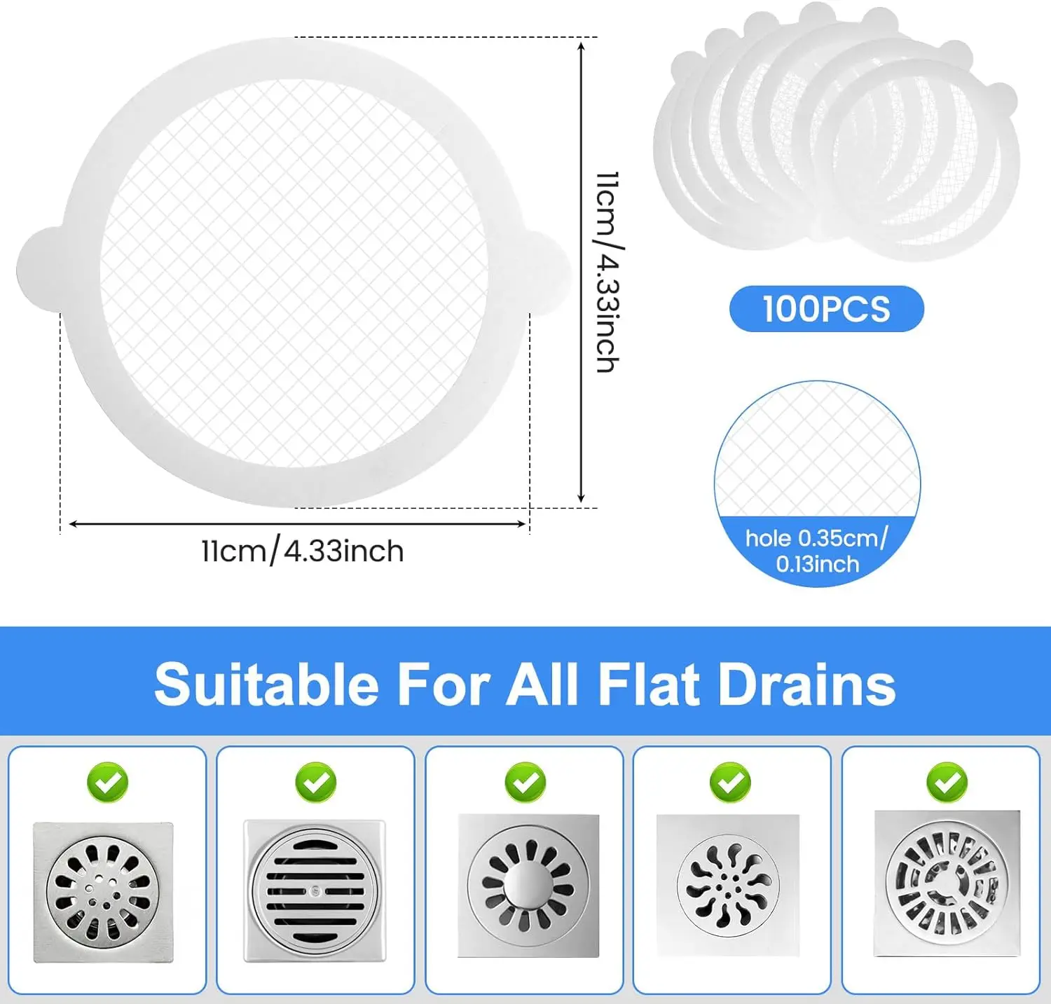 100 Pcs Shower Drain Hair Catcher, Self Adhesive Floor Drain Sticker, Fiberglass Shower Drain Mesh Stickers for Kitchen Bathroom