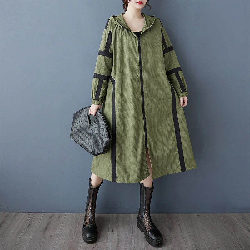 Women Black Color-block Big Size Long Trench New Hooded Long Sleeve Windbreaker Fashion Tide Spring Autumn 2025