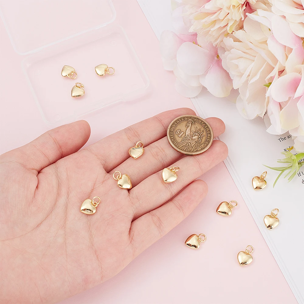 12Pcs Real 18K Gold Plated Heart Love Charms Metal Puffy Love Heart Charms with Jump Ring Metal Necklace Making Charms