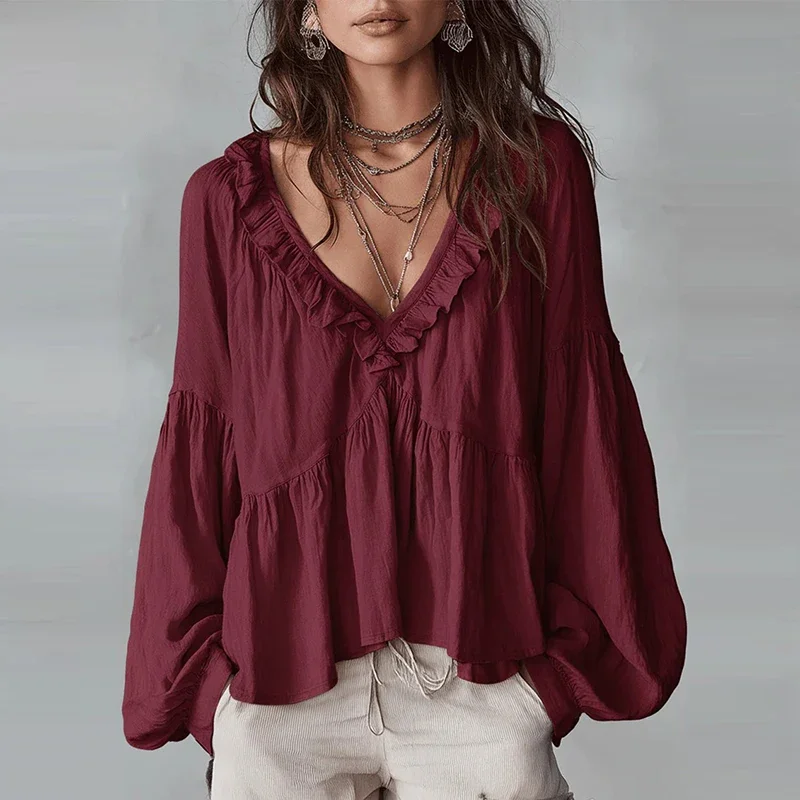 Elegant Women Shirt V Neck Loose Casual Ruffle Design Long Sleeve Blouses Women Spring  autumn Office Commute Pullover Blouse