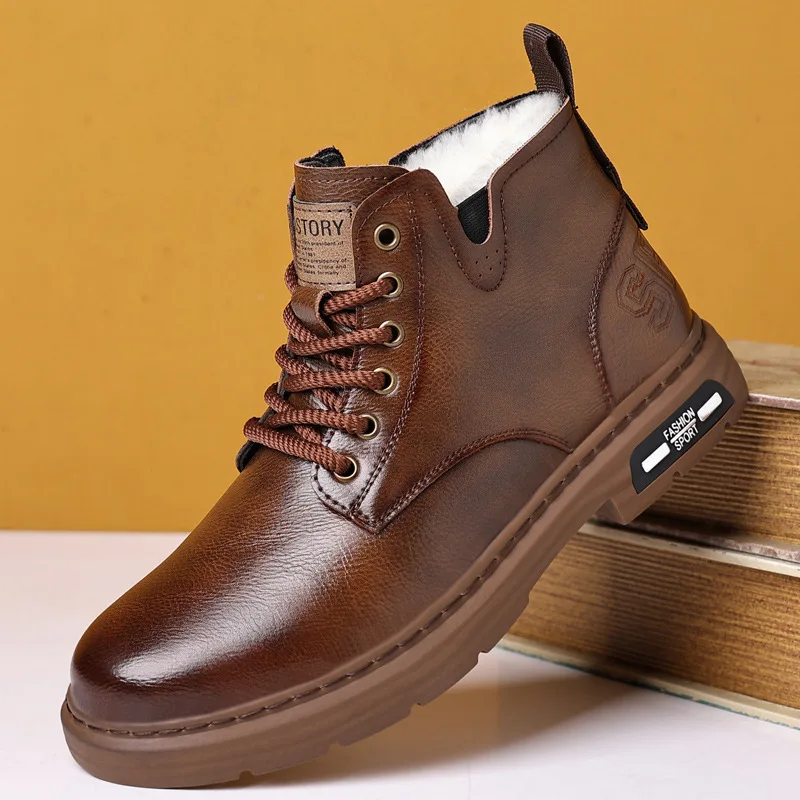 Męskie buty zimowe ze skóry naturalnej 2025, ocieplane pluszem, płaskie, markowe botki męskie, czarne, brązowe, antypoślizgowe D628